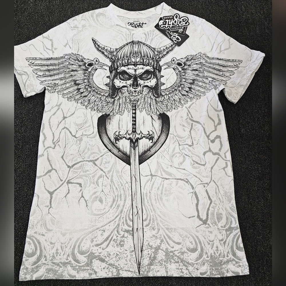 Eighty Eight Brand Men's M Winged Viking Skull Sword White All-Over Graphic Tee